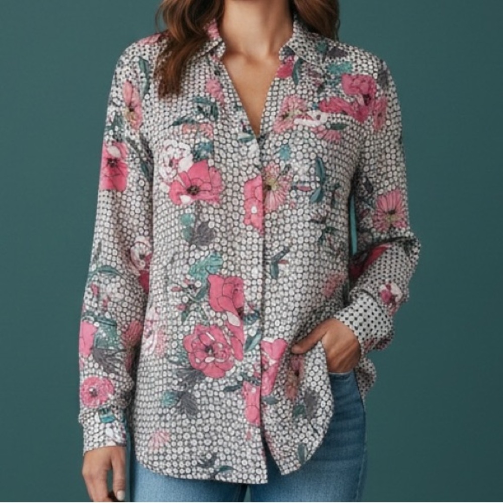 Candie's Pink and Gray Button Down Floral Women’s Dress Blouse
